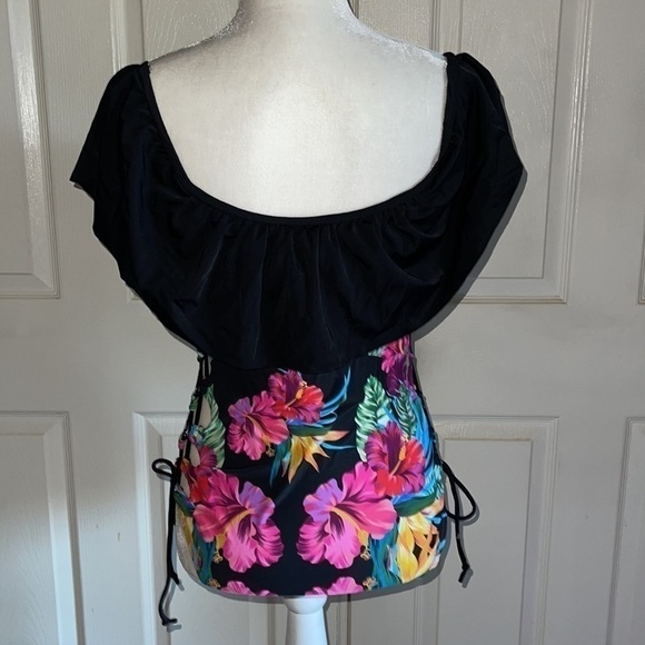 NWT Stylish Swimwear Tropical Print Ruffle Top Side Lace One Piece Swims… - Picture 3 of 6